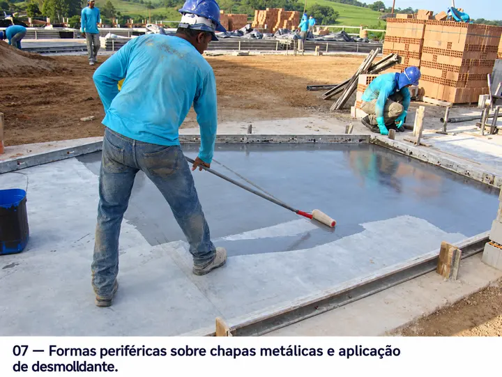 Formas periféricas sobre chapas metálicas e aplicação de desmoldante.