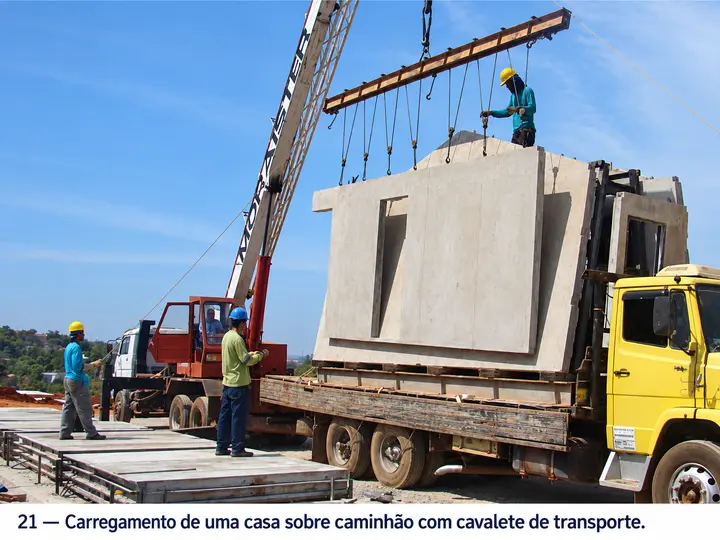 Carregamento de uma casa sobre caminhão com cavalete de transporte.